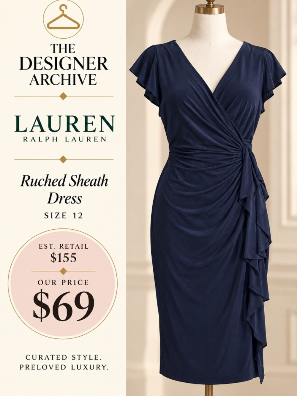 Lauren Ralph Lauren Navy Ruched Ruffle Wrap Dress Size 12